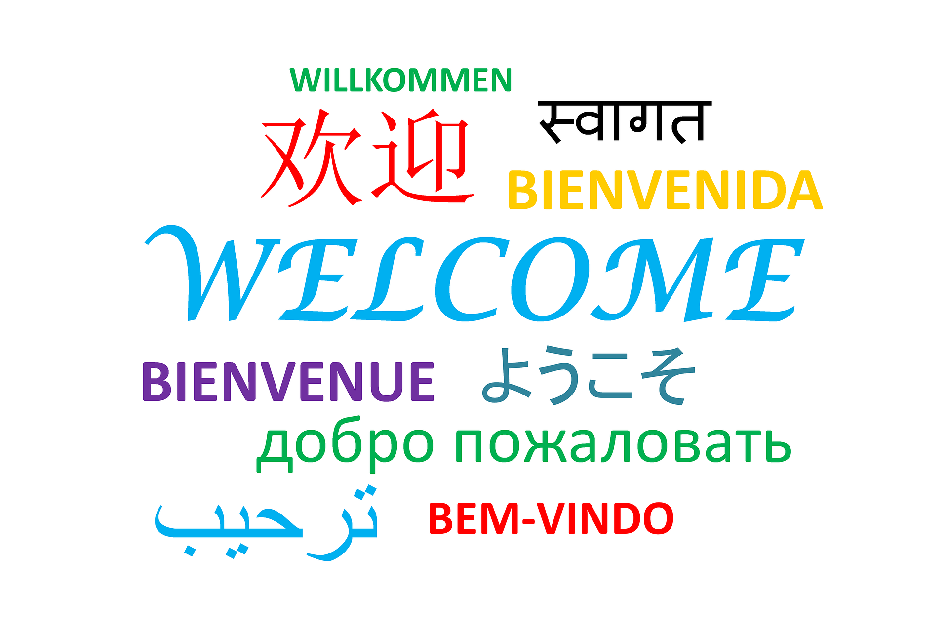 Welcome is written in many languages spoken around the world. Canada welcomes newcomers from all over the world.